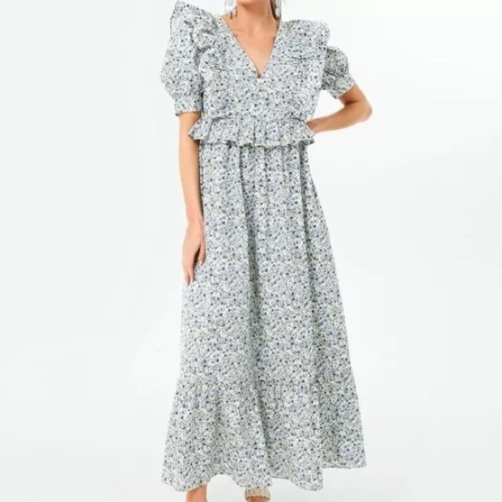 Floral Midi Dress in Blue and White